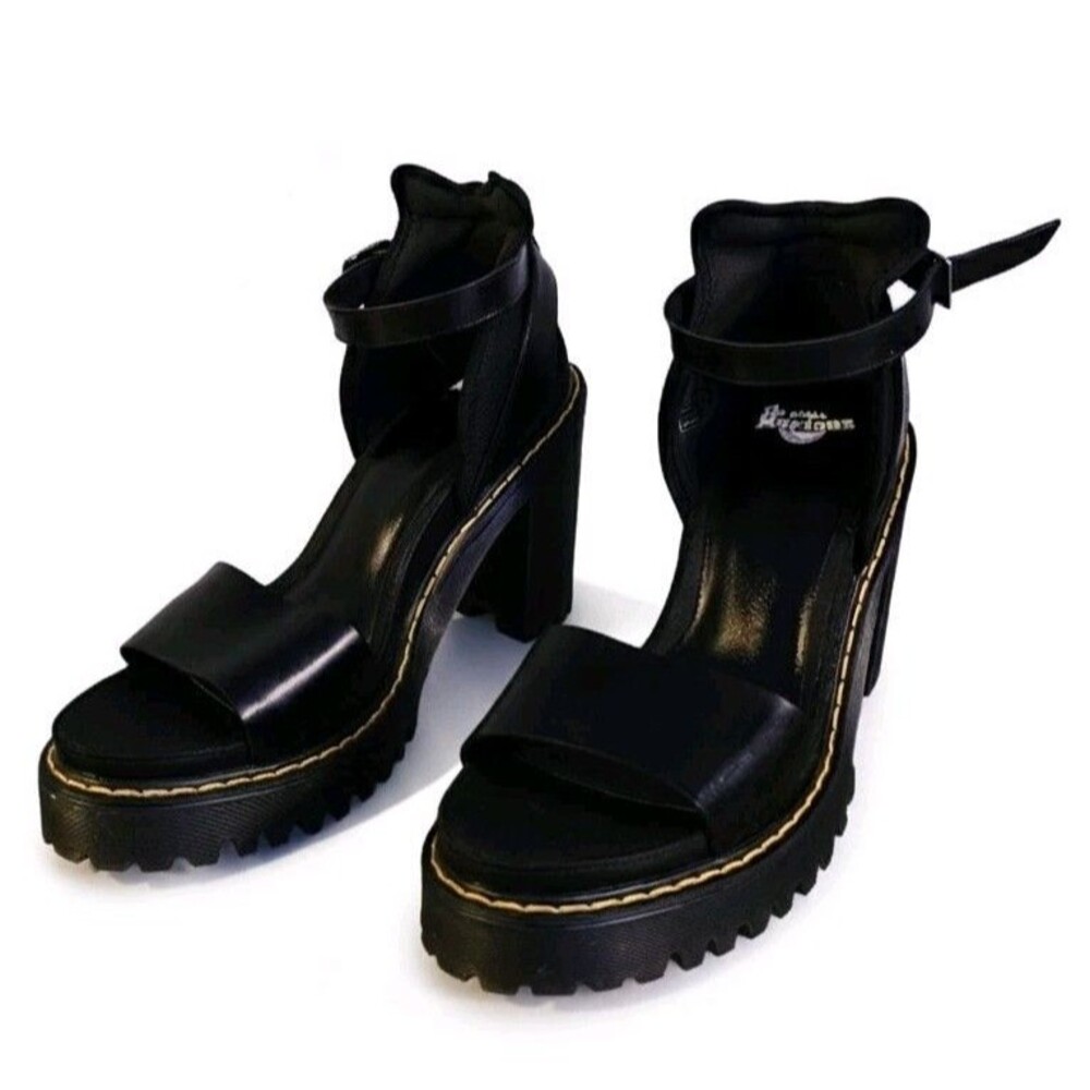 Dr. Martens Black Leather Platform Sandals Heeled Ankle Strap US 8 Chunky Lug